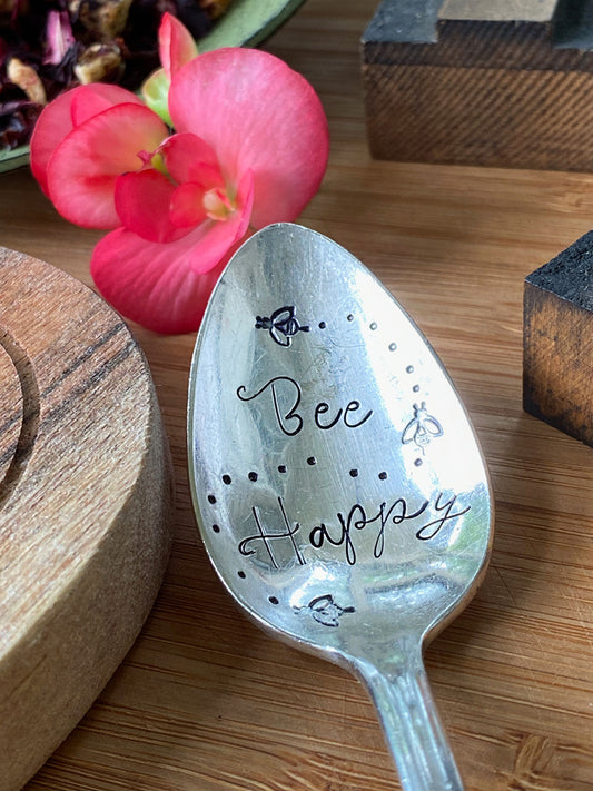 Vintage Hand Stamped Teaspoon | Bee Happy | Silver Plated Vintage Teaspoon