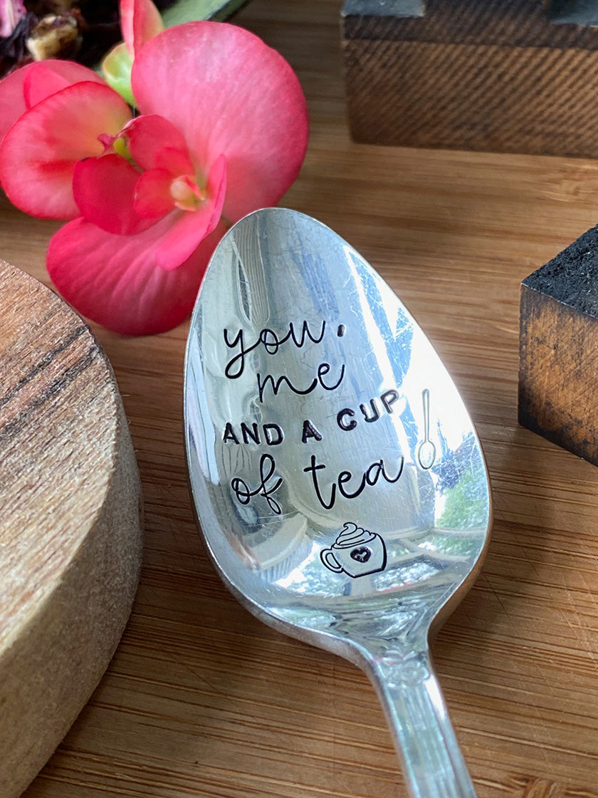 Vintage Hand Stamped Teaspoon | You and Me and a Cup of Tea | Silver Plated Vintage Teaspoon