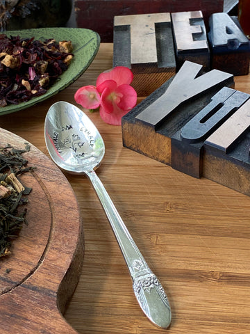vintage hand stamped silver plated teaspoon, inhale exhale