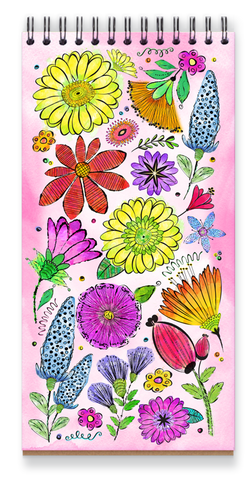 Watercolor Doodle Notebook, Cheerful colorful flower notebook with blank pages inside