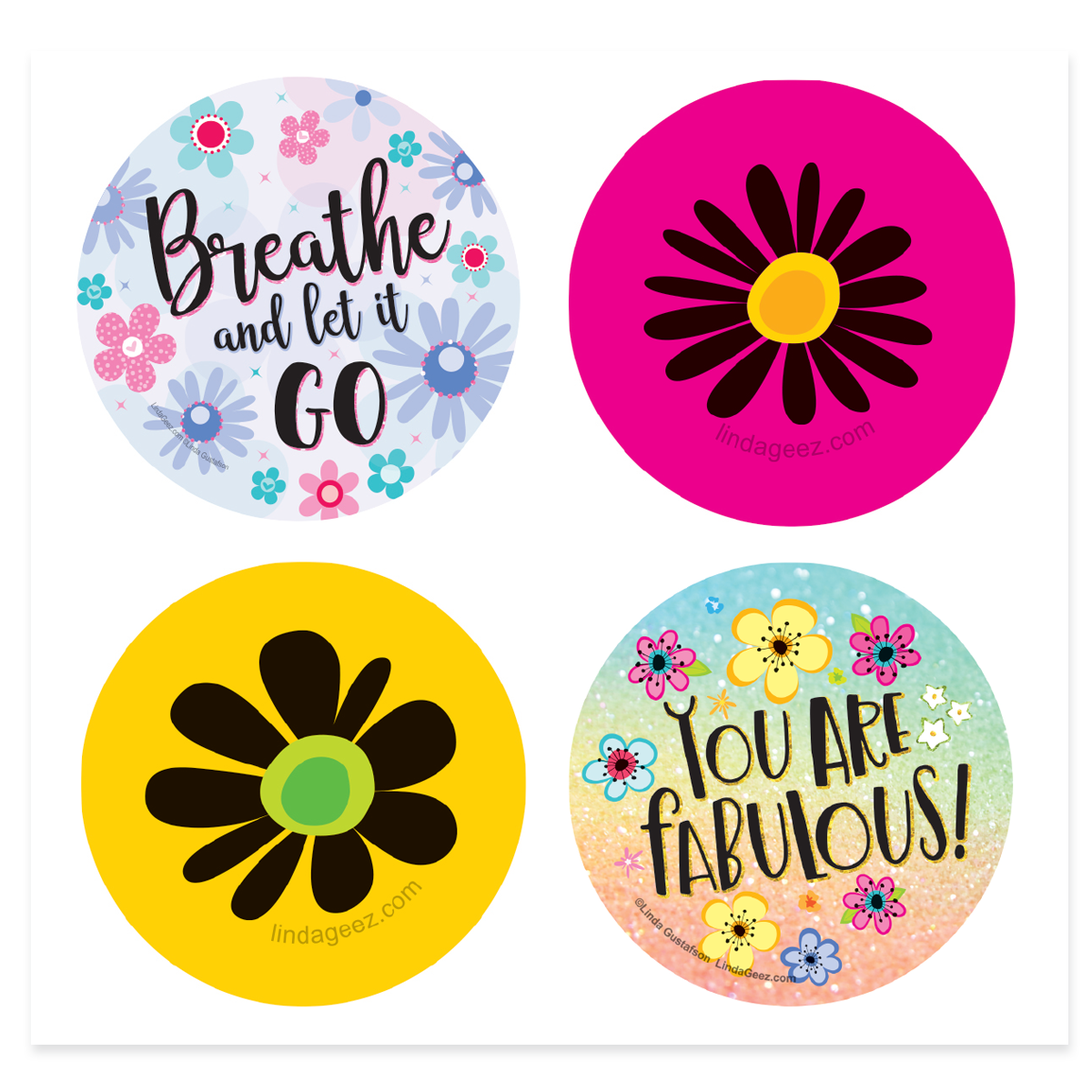 1 1/2 inch round stickers, Retro Daisy Stickers, Breathe and Let it Go Sticker, You Are Fabulous Sticker