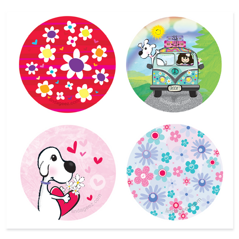 Groovy Daisy Sticker in Red, Lilly and Lee Lee on the Road, Lilly the Rescue Dog, Blue Daisy Pattern all 1 1/2 inch round stickers