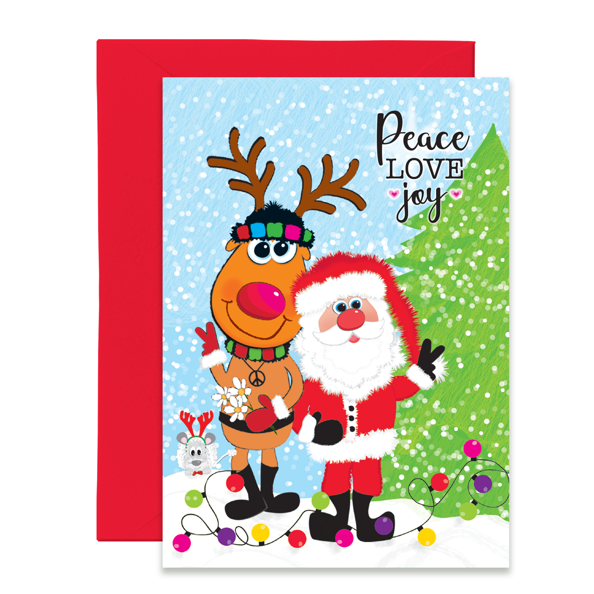 5x7 Christmas Cards, Peace, Love Joy with Santa, Rudie and their pal Kritter