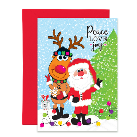 5x7 Christmas Cards, Peace, Love Joy with Santa, Rudie and their pal Kritter
