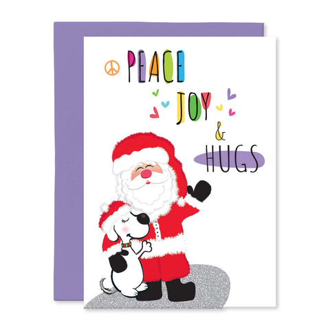 Peace Joy Hugs Christmas Card, Santa and Doggie
