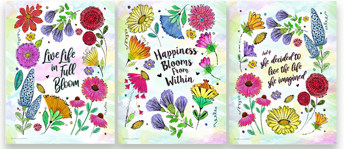 Set of three Watercolor Wildflower Pattern Inspirational Quotes