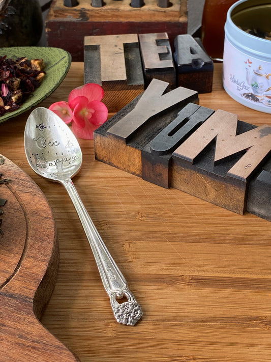 Bee Happy Vintage Hand stamped Teaspoon