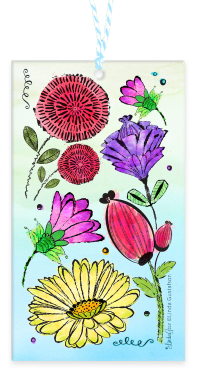 Blue Skies Happy Flowers Gift Tag Textured Natural White Cotton blank backside with Bakers Twine