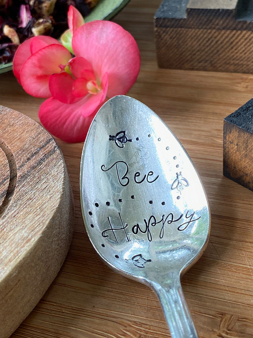 Vintage Hand Stamped Teaspoon |  Bee Happy | Silver Plated Vintage Teaspoon