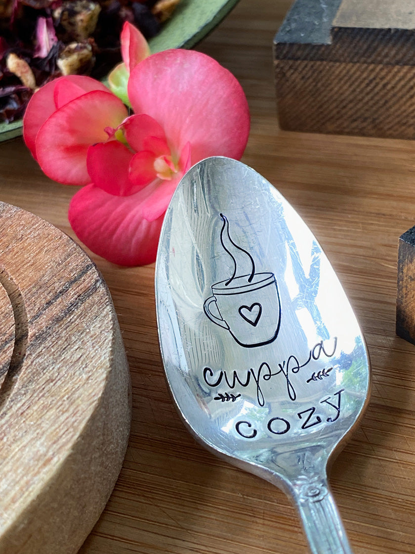 Vintage Hand Stamped Teaspoon |  Cup of Cozy | Silver Plated Vintage Teaspoon