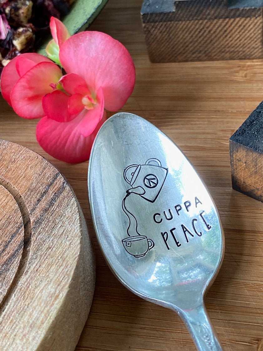 Vintage Hand Stamped Teaspoon, Cuppa Peace Closeup