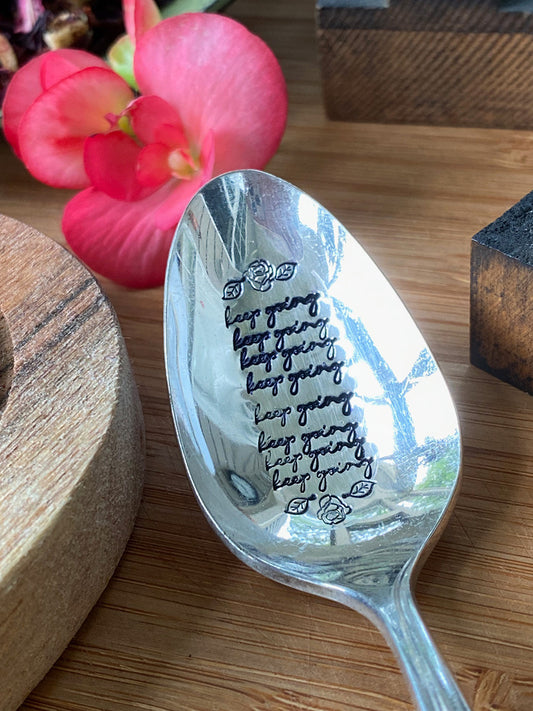 Vintage Hand Stamped Teaspoon |  Keep Going | Silver Plated Vintage Teaspoon