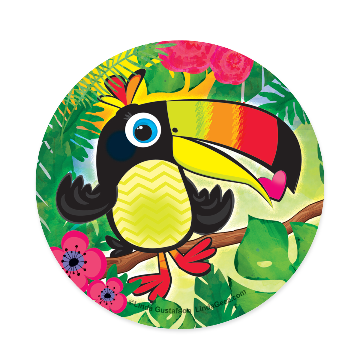 Happy Toucan Round Sticker, 3 inch round sticker