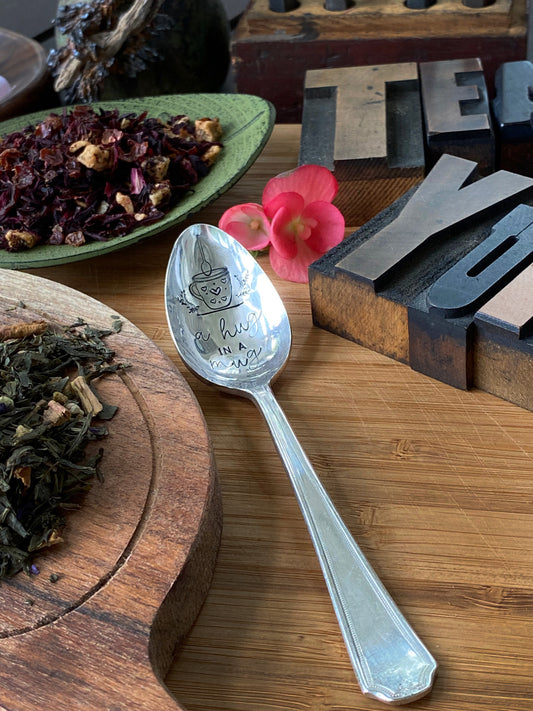 Vintage hand stamped teaspoon, a hug in a mug teaspoon, silver plated teaspoon