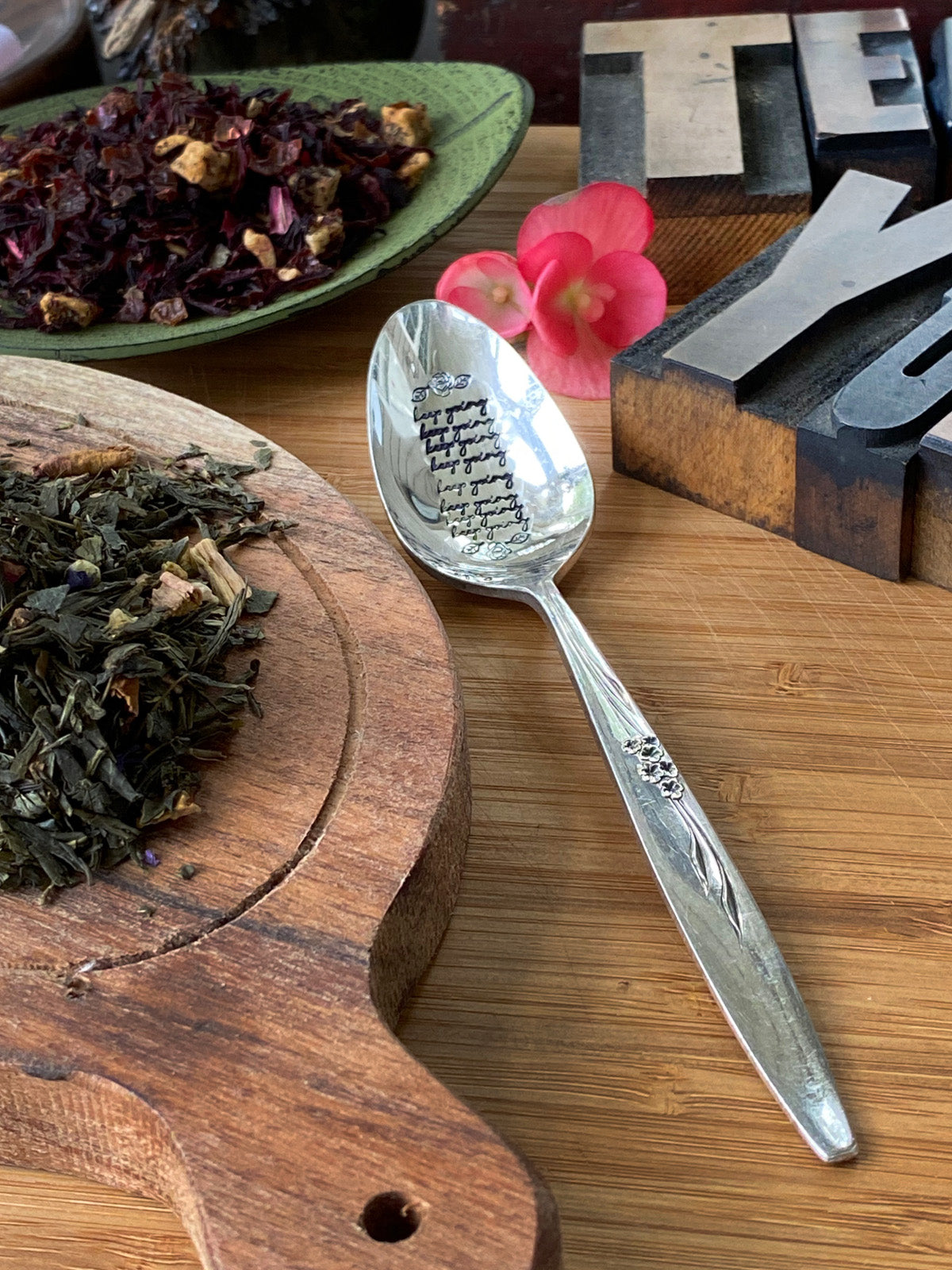 Keep Going Hand stamped vintage silver plated teaspoon