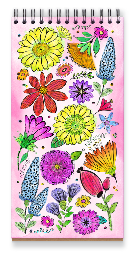 Watercolor Doodle Notebook, Cheerful colorful flower notebook with blank pages inside