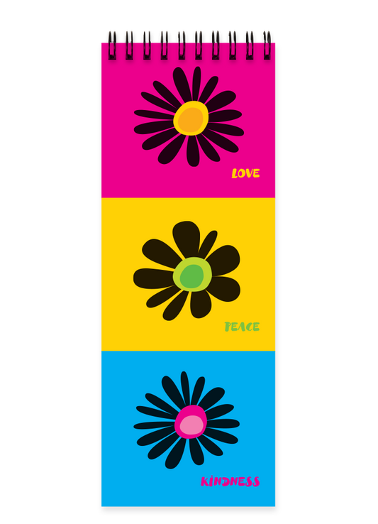 Love Peace and Kindness Retro Flowers Notebook, Spiral Notebook