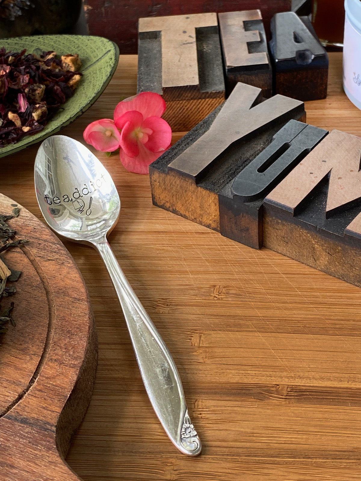 Vintage Hand stamped Teaspoon, Silver plated Teaspoon, Tea Addict Teaspoon