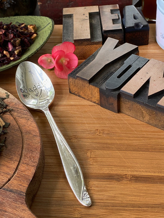 Vintage Hand stamped Teaspoon, Silver plated Teaspoon, Tea Addict Teaspoon