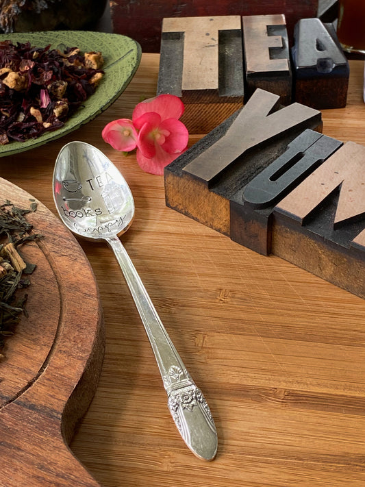 Tea Books Happy Hand stamped vintage teaspoon