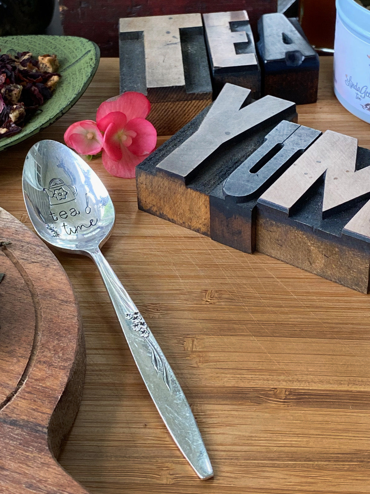 Tea time vintage silver plated hand stamped teaspoon