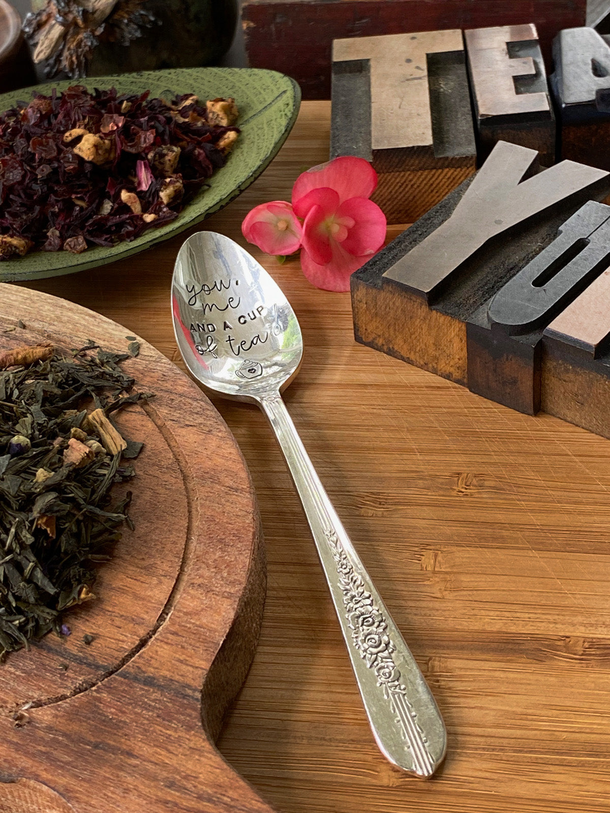 You and Me and a Cup of Tea Vintage Hand stamped teaspoon